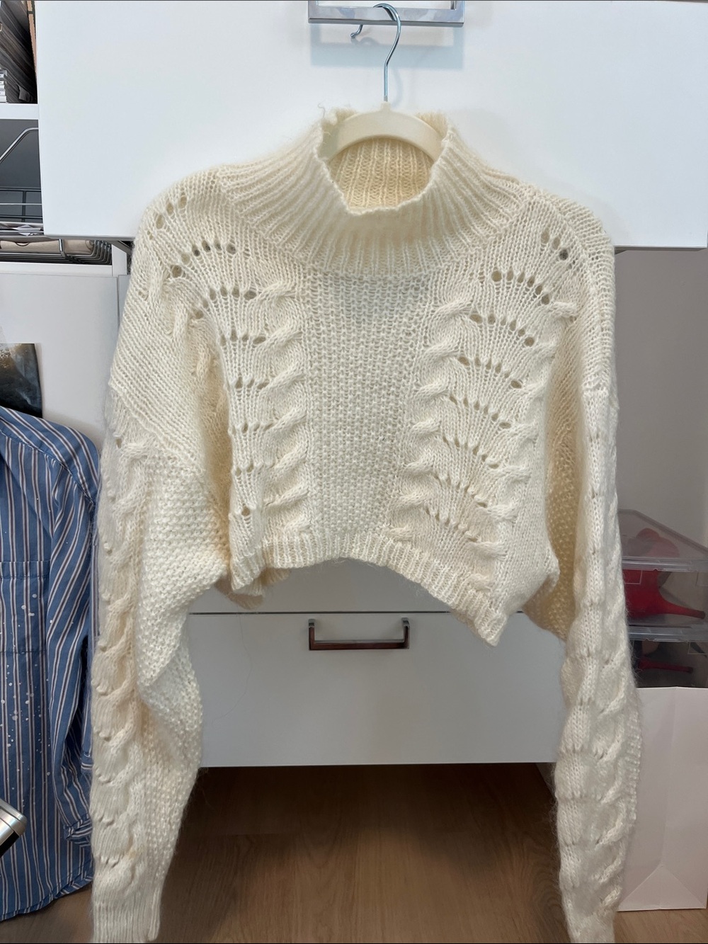 Free People White Light Mohair Cropped Cable Turtleneck Sweater
